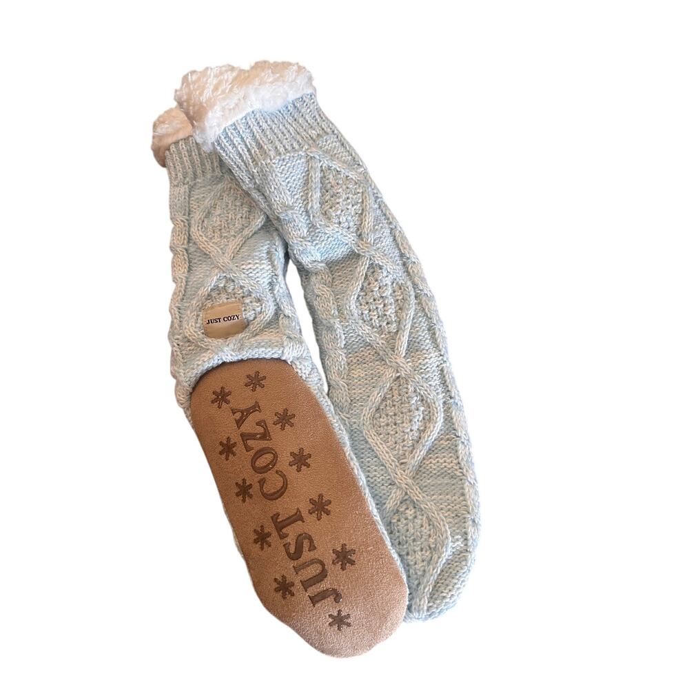 Just Cozy Baby Blue White Long Cozy Slipper Socks Women Sz S (5–8)
